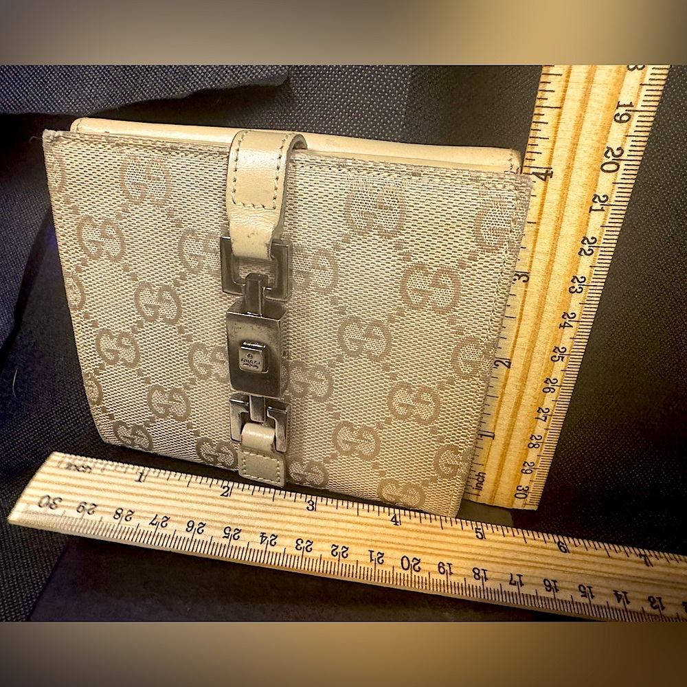 Gucci Monogram Wallet FULL SET Silver Chain Clasp Vintage GG Sabbia Sand color - Picture 4 of 14